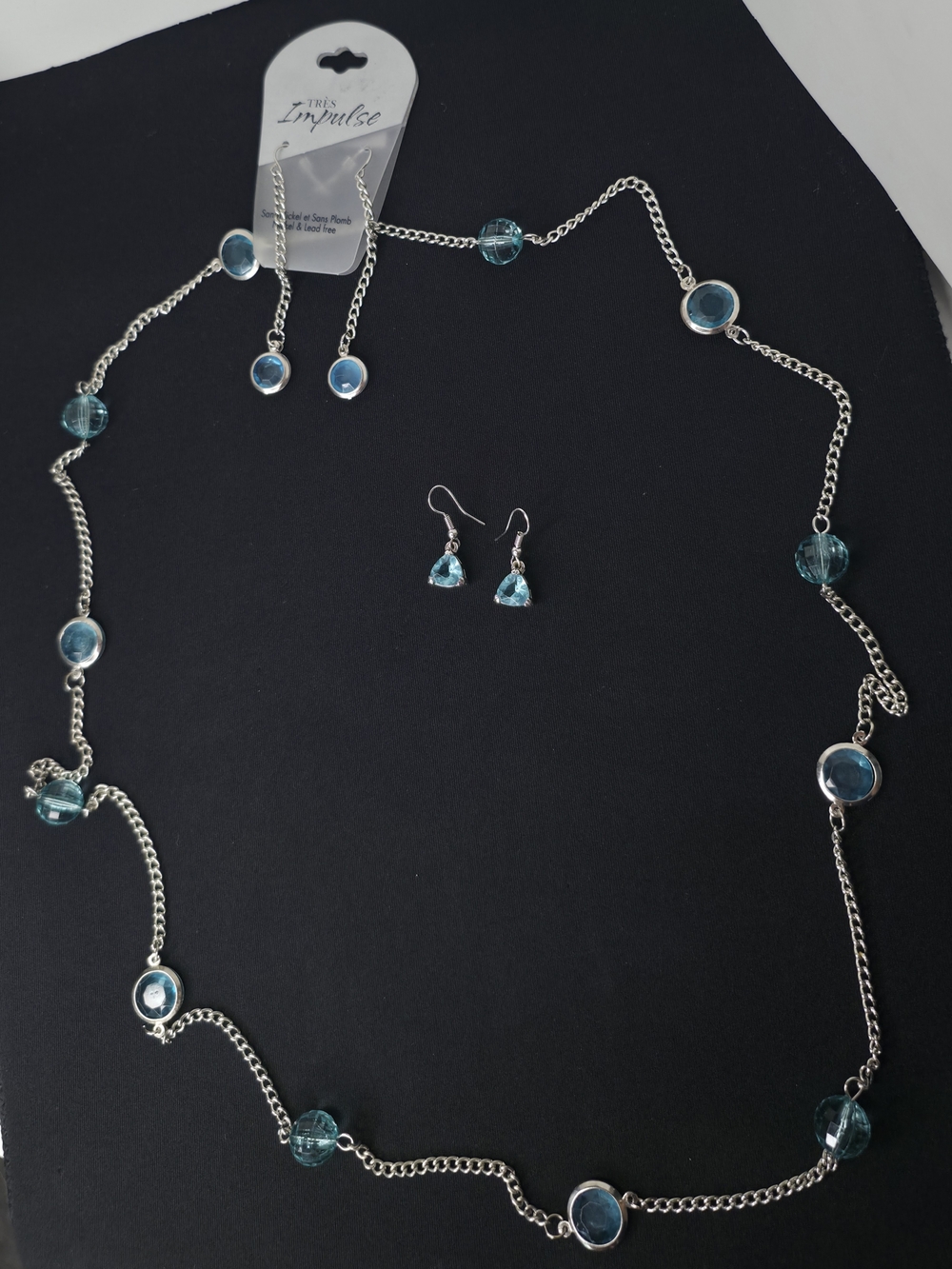 Vintage Sapphire Blue Faceted Station Necklace Matching Earrings Set 3pc